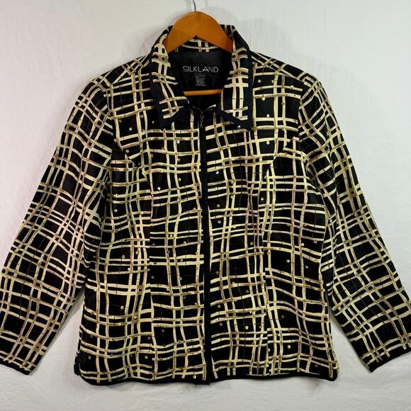 100% Silk Zip-Up Blouse Women's Large Abstract Black/Beige Print Vintage - Picture 2 of 9